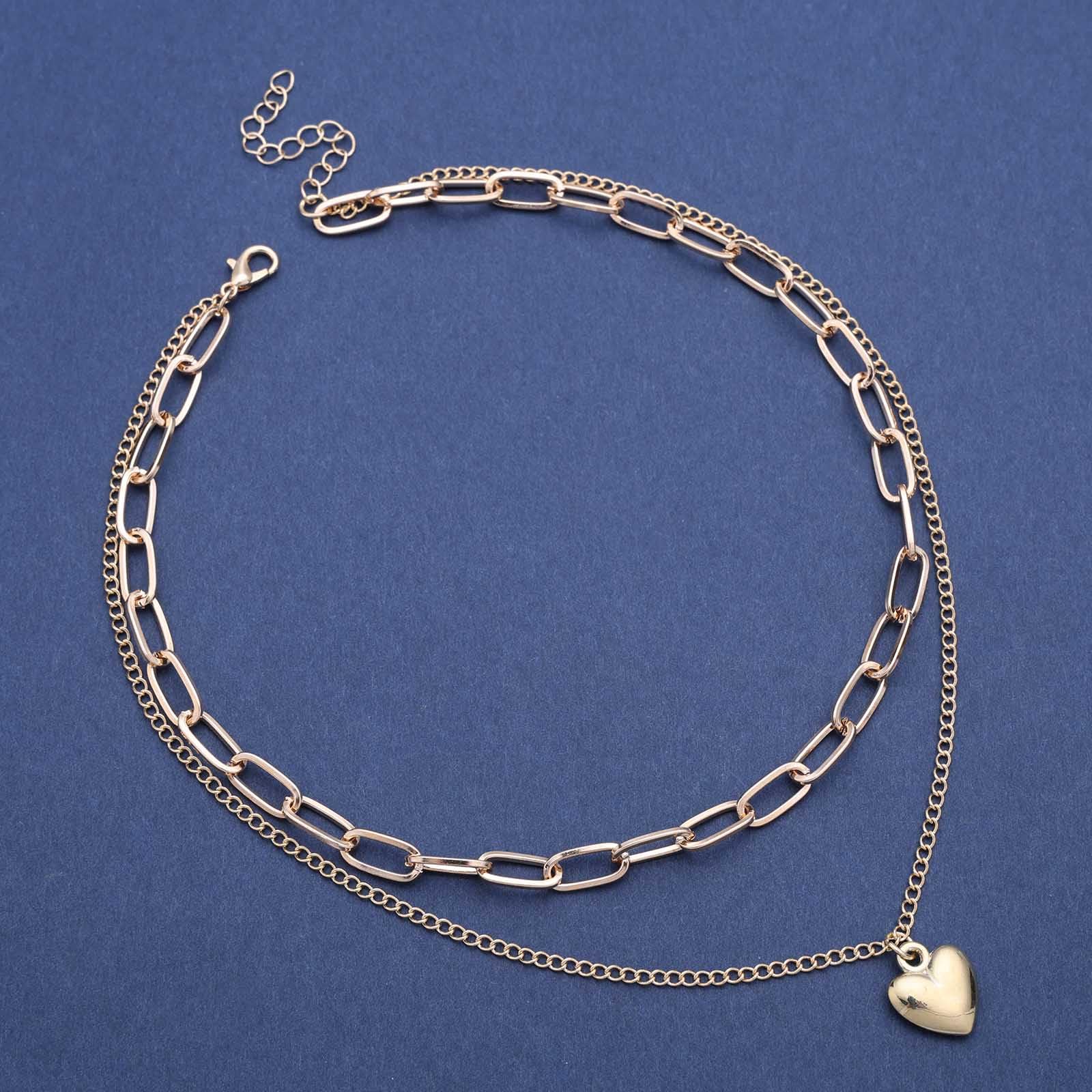 2 Layered Heart Pendant Necklace Gold Plated Paperclip And Cable Chain Stacked Choker For Women Dainty Layering Jewelry For Daily Dating Party And Casual Wear