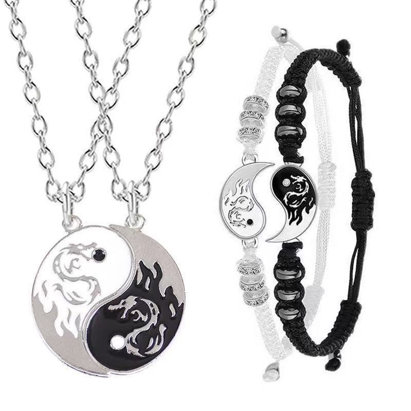 4 PCS Couple Jewelry Set Taiji Necklace Taiji Bracelet Dragon Phoenix Carving Necklace Bracelet