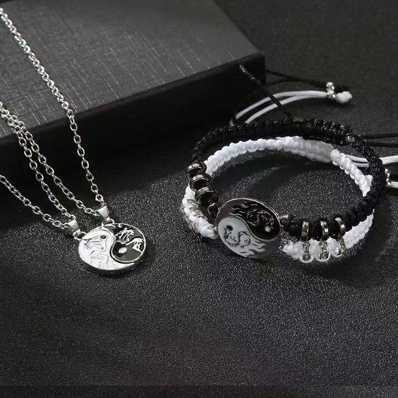 4 PCS Couple Jewelry Set Taiji Necklace Taiji Bracelet Dragon Phoenix Carving Necklace Bracelet