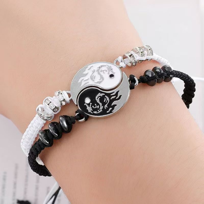 4 PCS Couple Jewelry Set Taiji Necklace Taiji Bracelet Dragon Phoenix Carving Necklace Bracelet