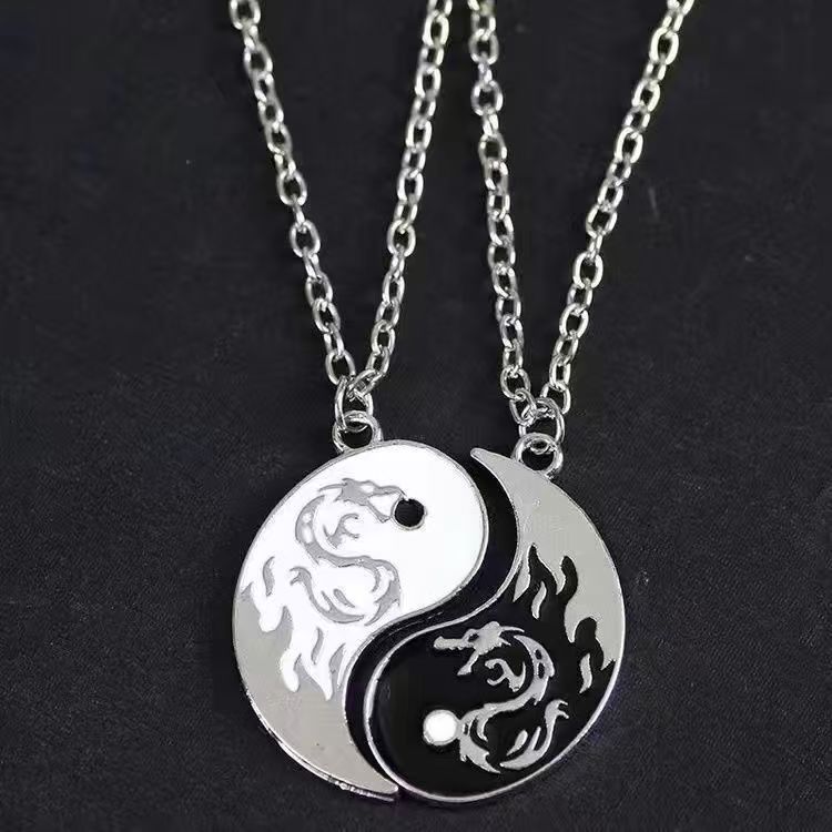 4 PCS Couple Jewelry Set Taiji Necklace Taiji Bracelet Dragon Phoenix Carving Necklace Bracelet