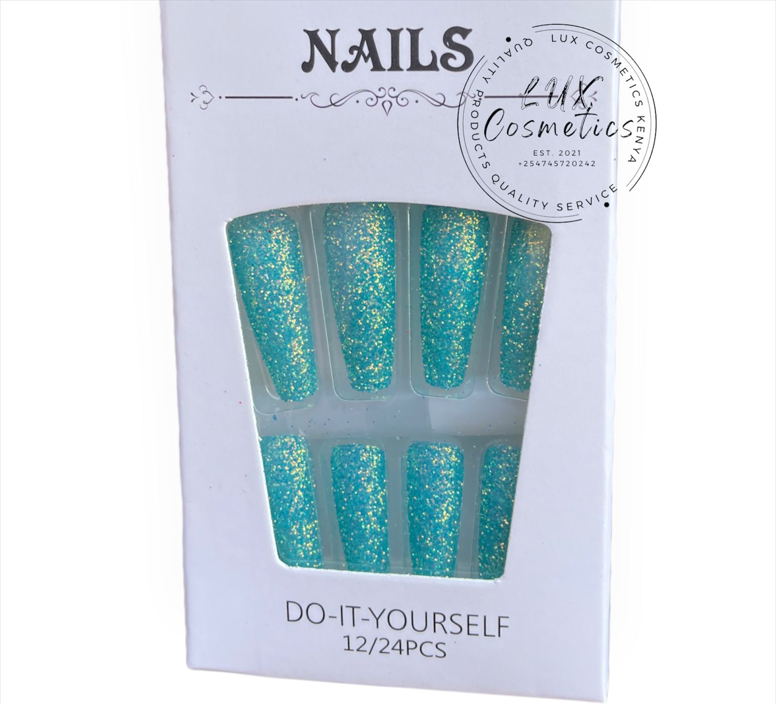 24 pcs Glitters Long Luxury Press On New Age Cool Nails Acrylic Stickons + Application Glue (1 Pack) Long Luxury Press On Ballerina Coffin Nails Acrylic Stickons Pressons False Faux Manicure Nails