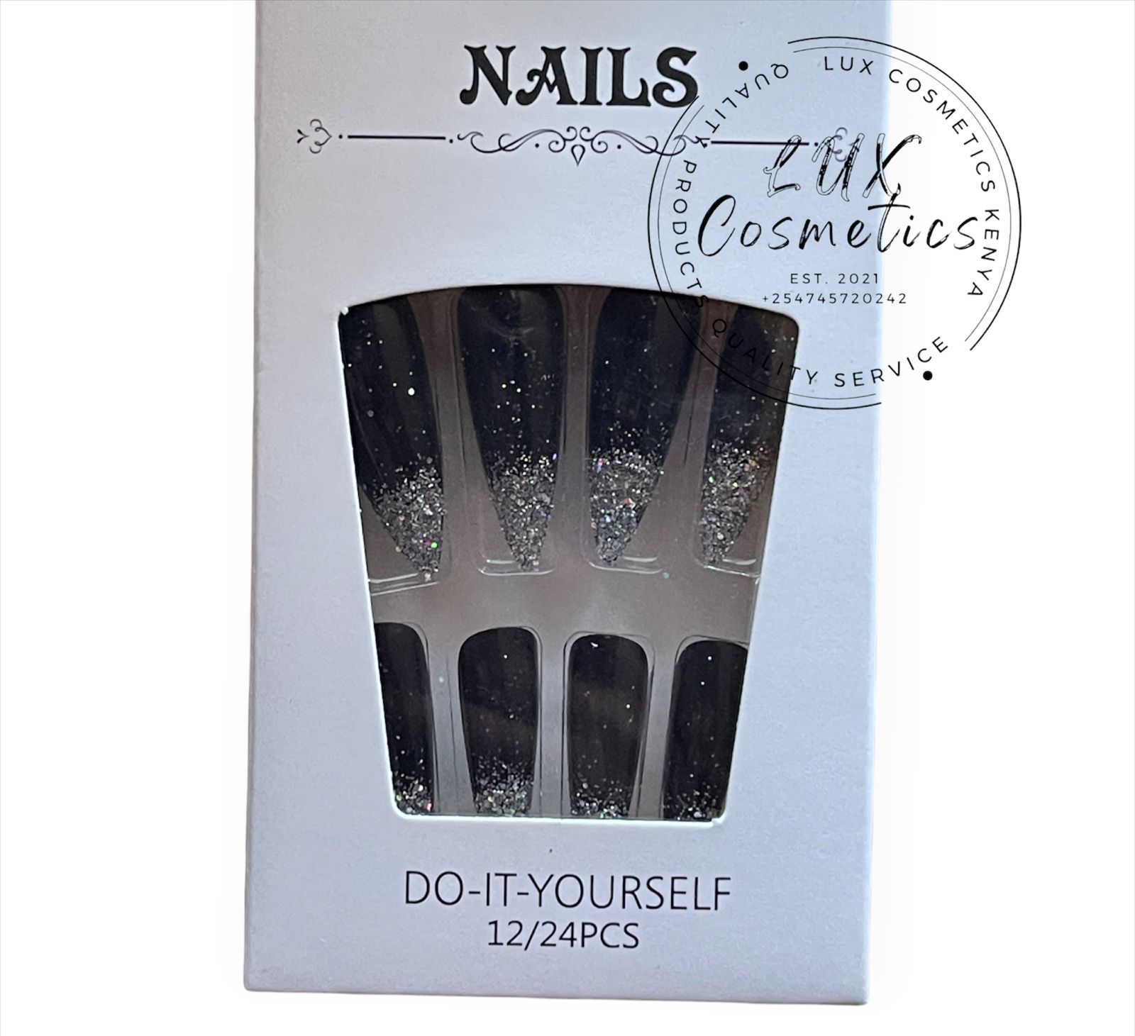 24 pcs Ombre Glitter Long Luxury Press On New Age Cool Nails Acrylic Stickons + Application Glue (1 Pack) Long Luxury PressOn Ballerina Coffin Nails Acrylic Stickons Pressons False Faux Manicure Nails