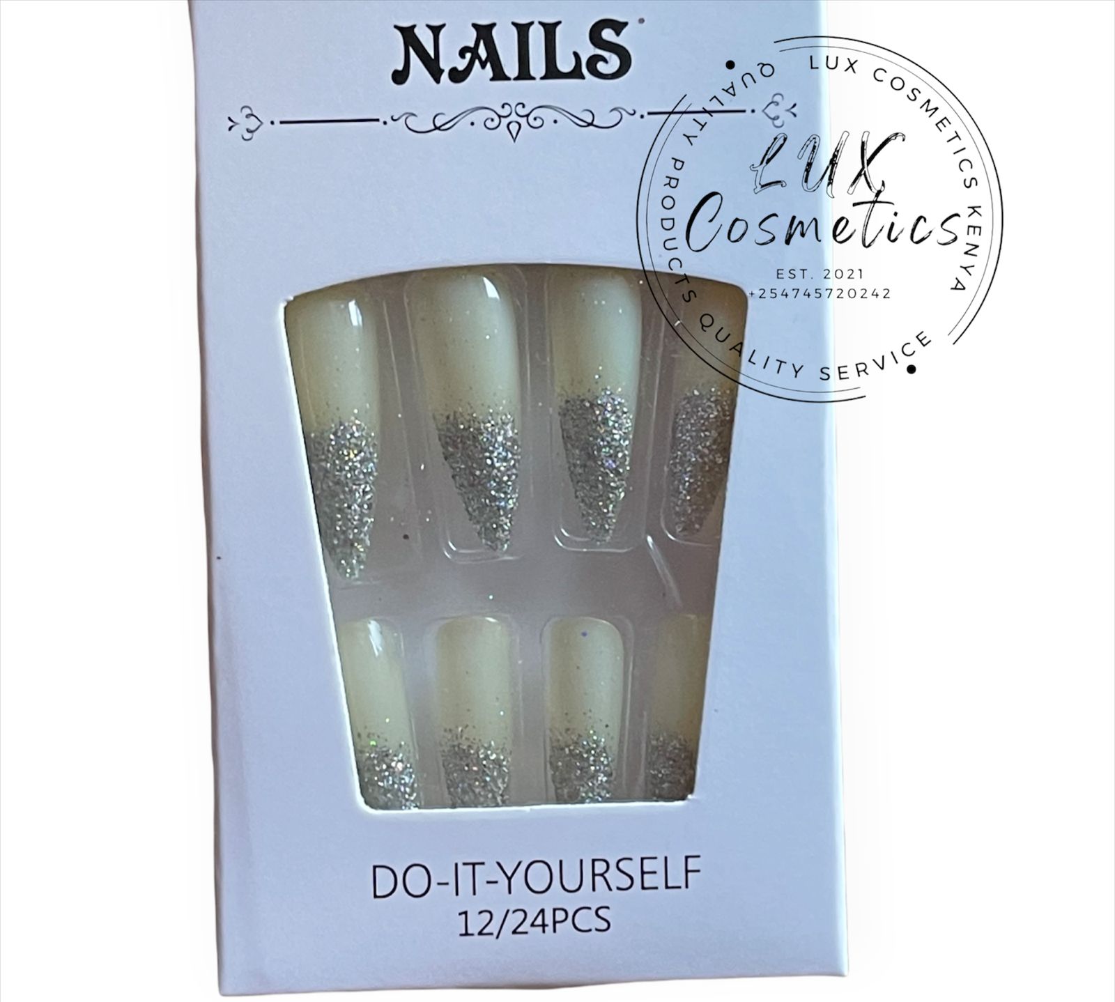 24 pcs Ombre Glitter Long Luxury Press On New Age Cool Nails Acrylic Stickons + Application Glue (1 Pack) Long Luxury PressOn Ballerina Coffin Nails Acrylic Stickons Pressons False Faux Manicure Nails