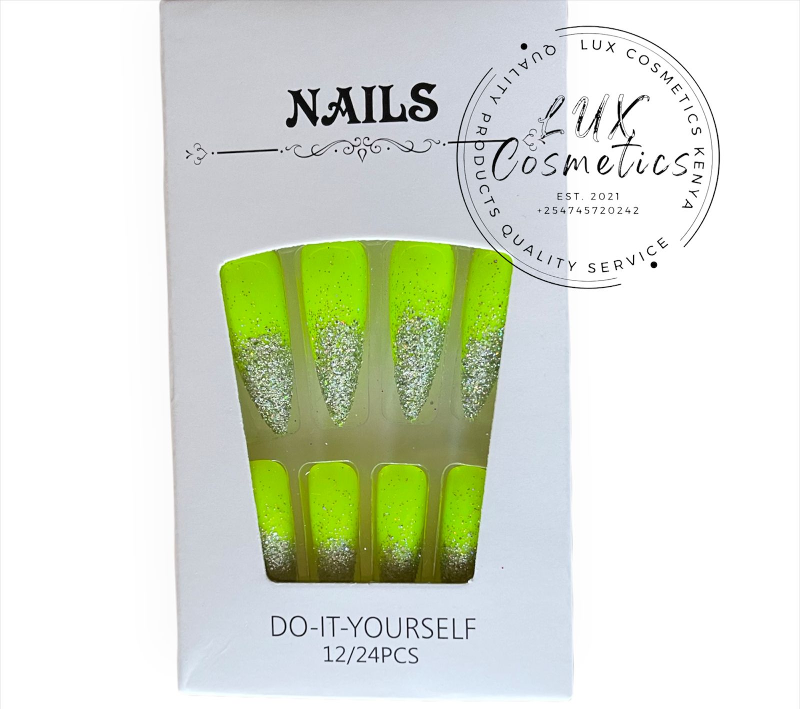 24 pcs Ombre Glitter Long Luxury Press On New Age Cool Nails Acrylic Stickons + Application Glue (1 Pack) Long Luxury PressOn Ballerina Coffin Nails Acrylic Stickons Pressons False Faux Manicure Nails