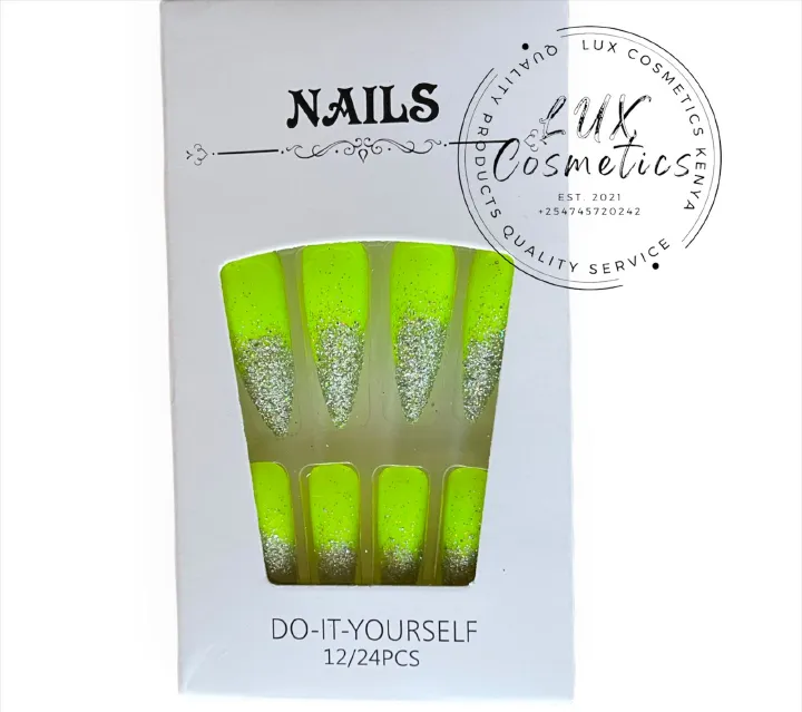 24 pcs Ombre Glitter Long Luxury Press On New Age Cool Nails Acrylic Stickons + Application Glue (1 Pack) Long Luxury PressOn Ballerina Coffin Nails Acrylic Stickons Pressons False Faux Manicure Nails