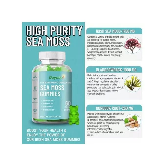 Daynee Organic Sea Moss Gummies - 60 Pcs For Thyroid Health Weight Management Improve Immune Supplement Gummy Bladderwrack Burdock Root Irish sea Moss