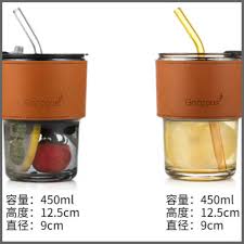 450ml Gorgeous slub glass smoothie cup with STRAW and leather cover glass with leather cover 450ml