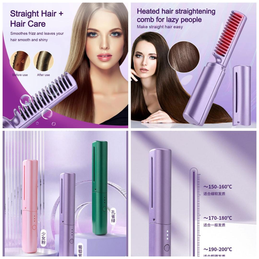 Wireless hair straightening comb . Rechargeable using USB. Can use anywhere , ideal for touch up. pink, green