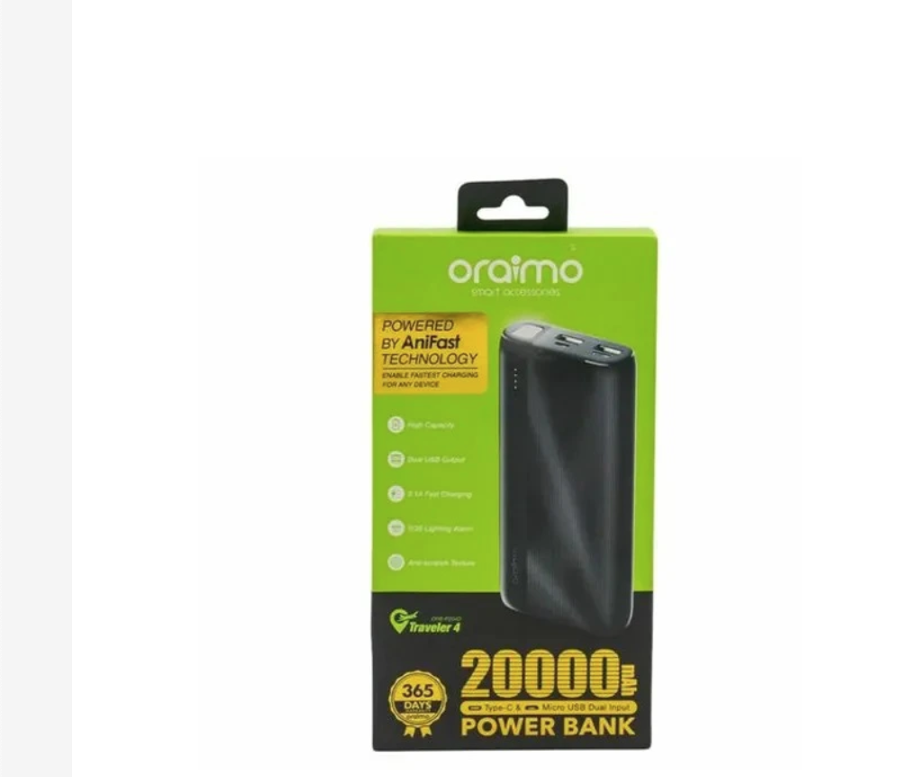 Oraimo 20000mAh Power Bank Black 20000 High Performance Battery Even though the Oraimo 20000mAh Power Bank is slim, it packs quite a punch, thanks to its embedded 20000mAh capacity battery.