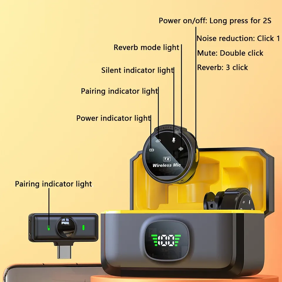 Wireless Lavalier Lapel Microphone With Magnetic Clip And Charging Case USB-C Noise Cancelling 50H Battery