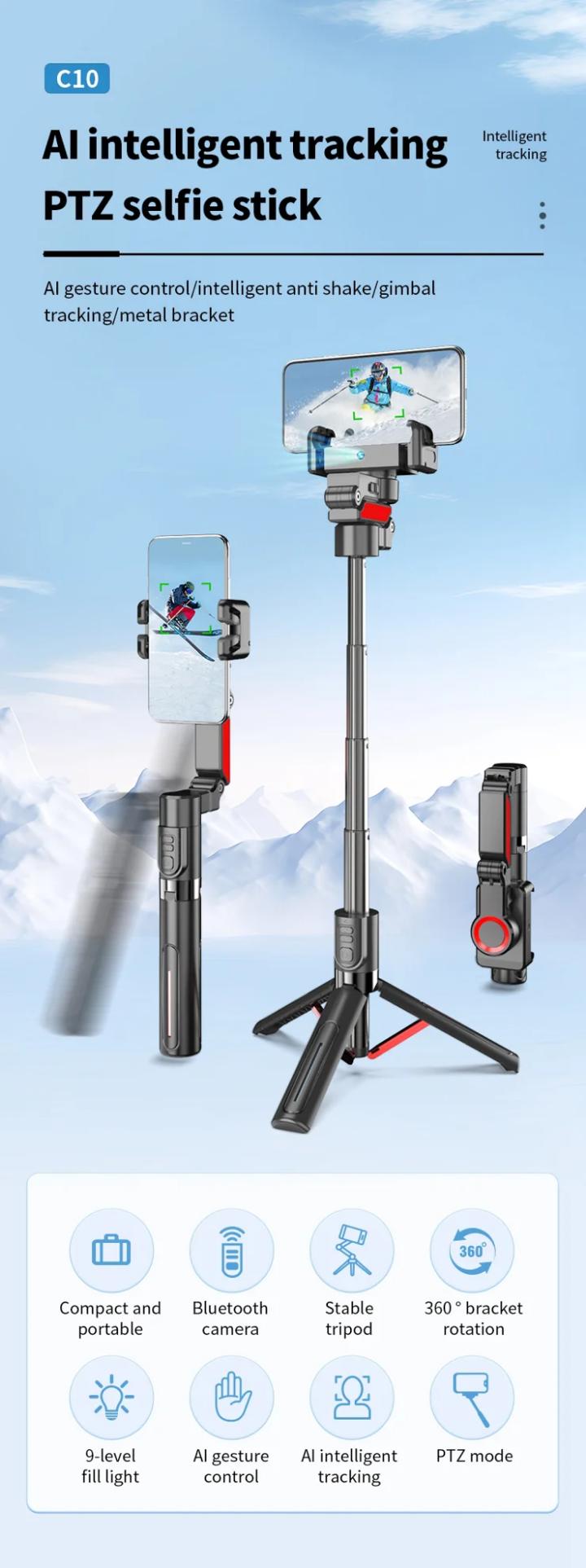 C10 Handheld Phone Stabilizer Gimbal AI Face Tracking Vlog Live Streaming Selfie Stick