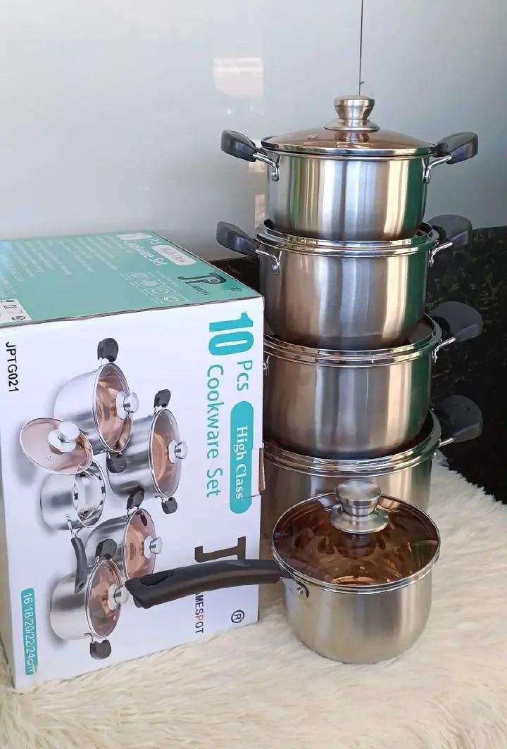 JP Heavy duty 10 PCS Stainless Steel Cookware Set Cooking Pots/sufuria.Heavy duty Supports induction cooking Non-stick Easy to maintain and clean Can be used on any stove, gas burners, electric coils