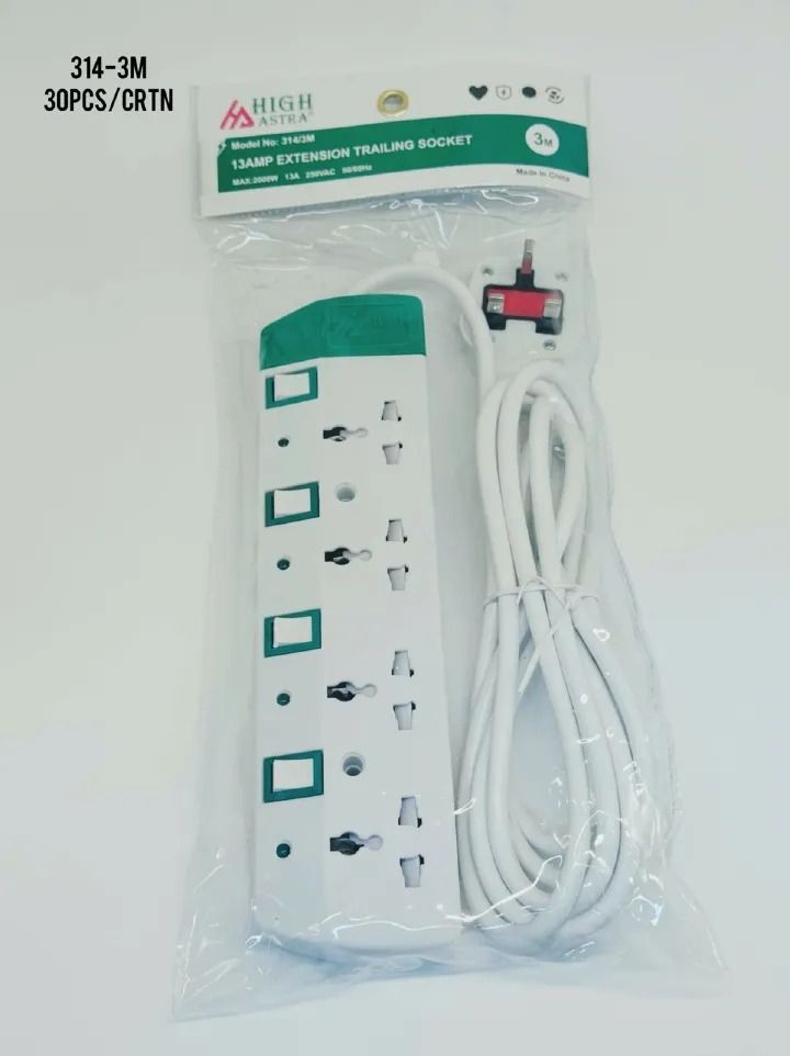 HIGH ASTRA 4-way 13A Heavy-Duty Extension Trailing Socket – 3 Meter Cable, Multi-Socket Power Strip (Model 314-3M) 🔌⚡Power your home and office with confidence using the HIGH ASTRA 13AMP Extension