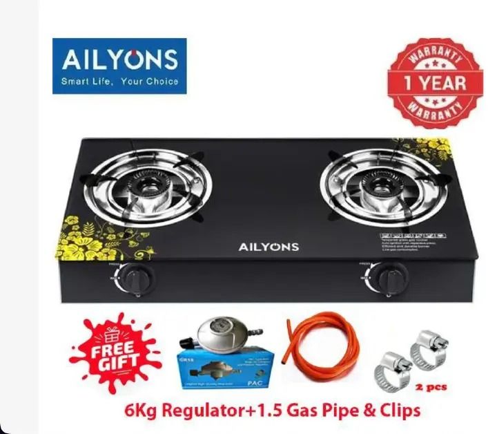 AILYONS GS024 2-Burner Infrared Gas Cooker,Smokeless Cooking, Strong Glass Top, High Heat Efficiency