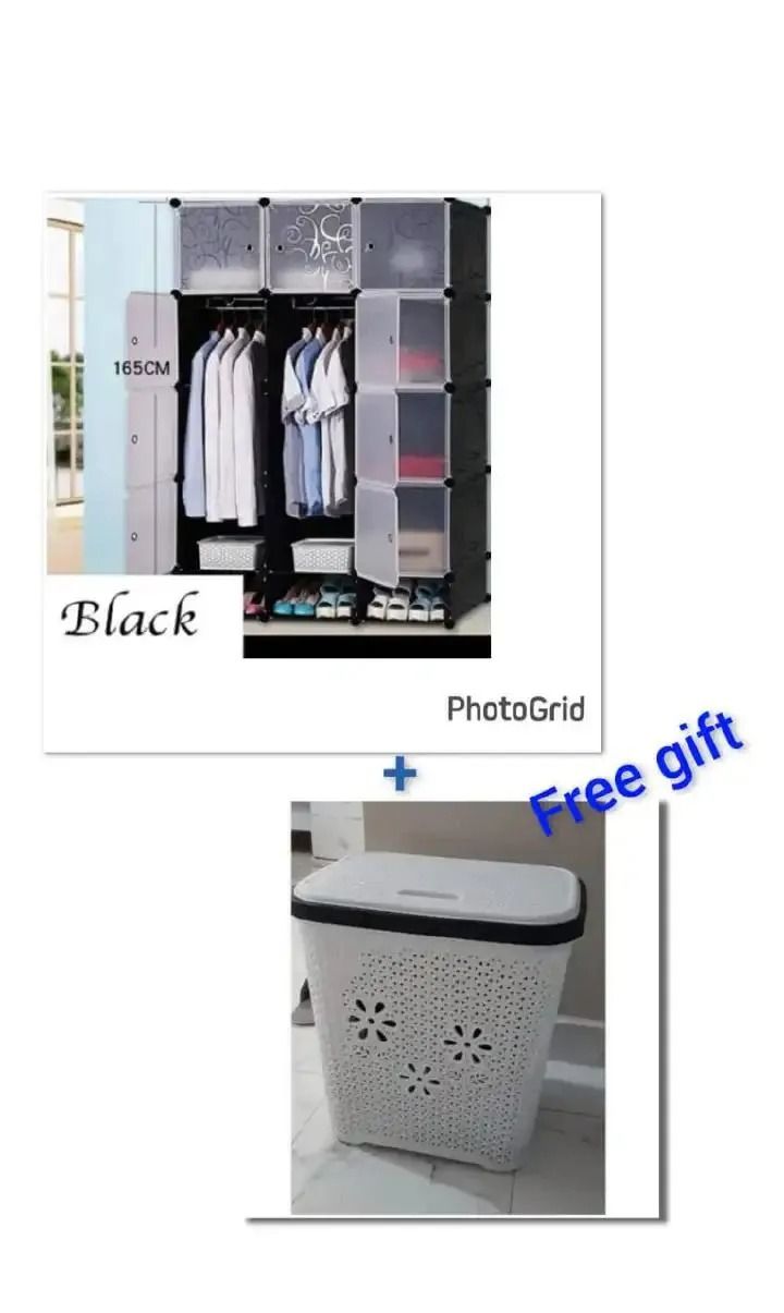 12 Grids 3 Columns Plastic Clothes Wardrobe Storage Shelf With Shoes Storage Box for Books Clothes Toys Sundries Space Saving Household Organizer AND FREE LAUNDRY BASKET