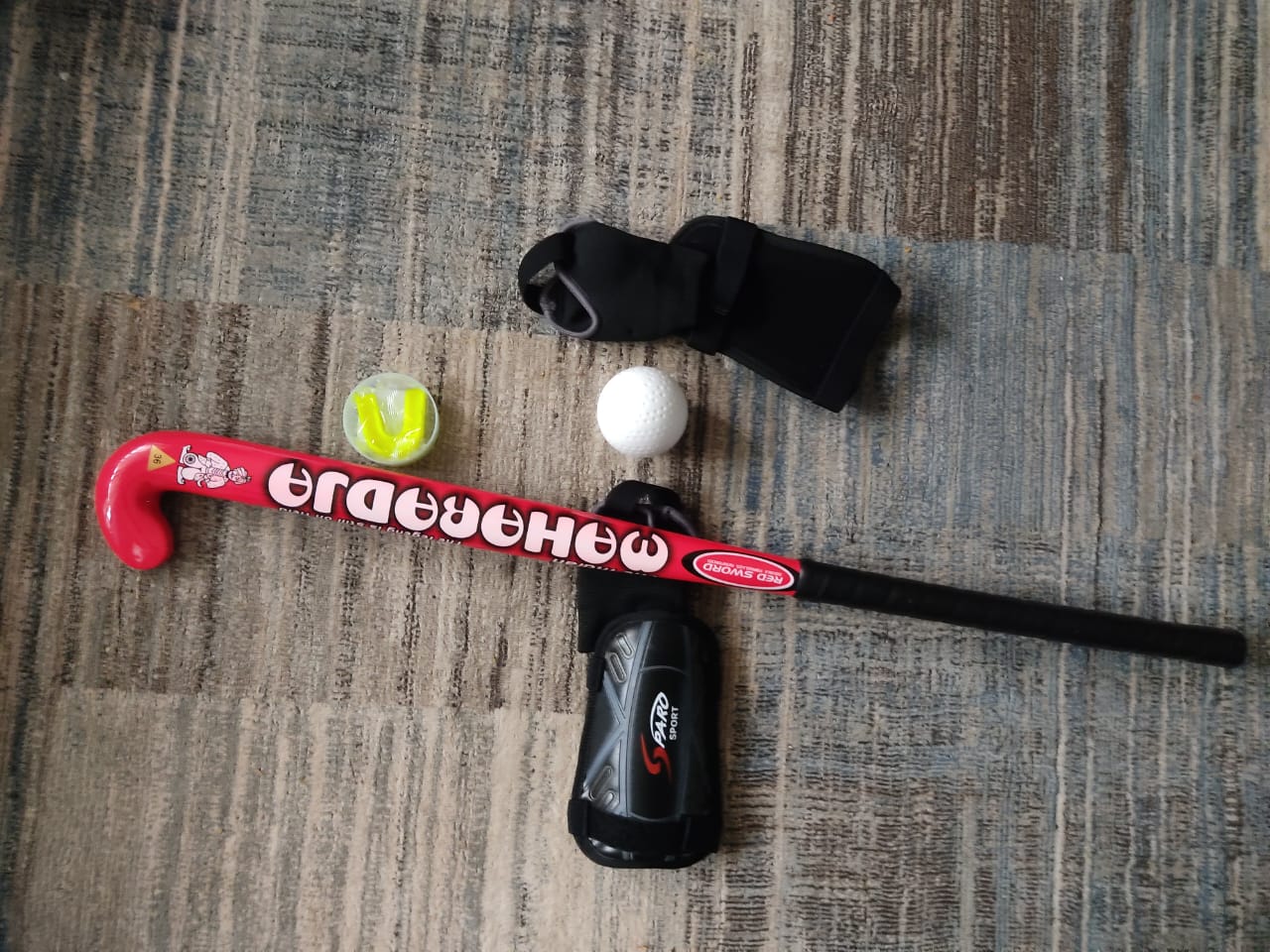 Maharadja Hockey Stick Red Sword Double Glass Fiber, Shin Guard with Ankle Protection, Mouth Guard