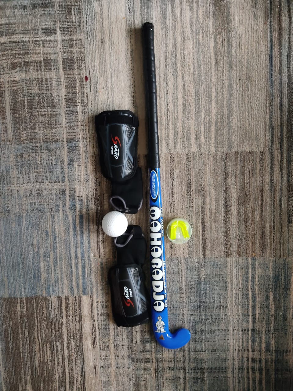 Maharadja Hockey Stick Blue Sword Double Glass Fiber, Shin Guard with Ankle Protection, Double Mouth Guard & Hockey Ball