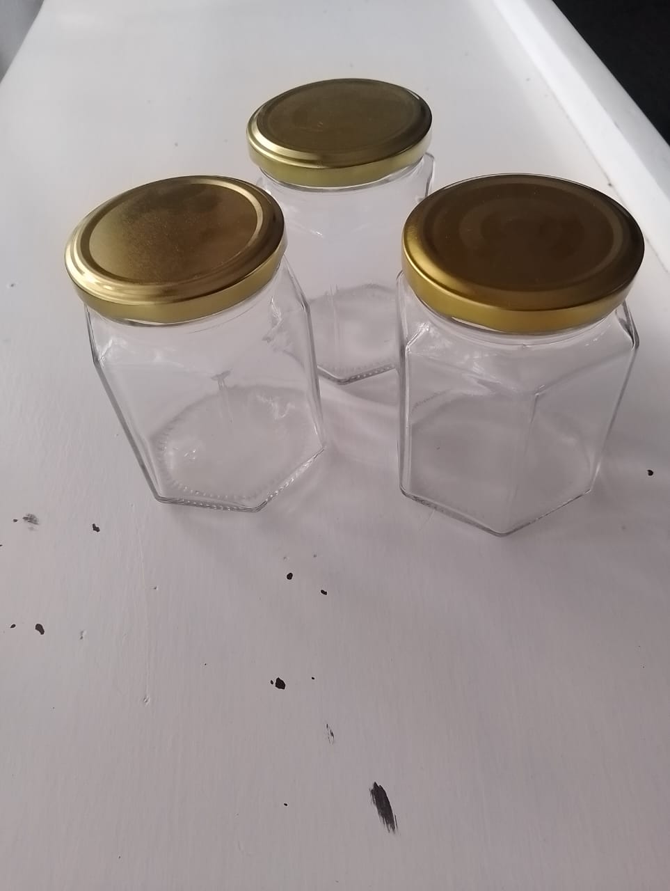 290Ml Hexagonal Glass Jar for Canning, Preserving, Spices, Cream and oil with Airtight Golden Lids