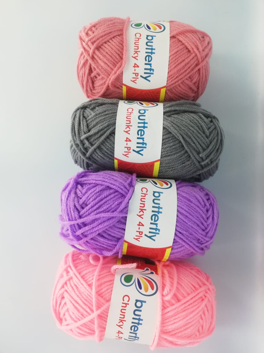4 Chunky Butterfly 4 ply Acrylic 100% Yarn for Knitting, Crocheting, Mat Making  (1Ball -100Gms Each) (Purple, Grey, Dusty Rose & Light Pink)
