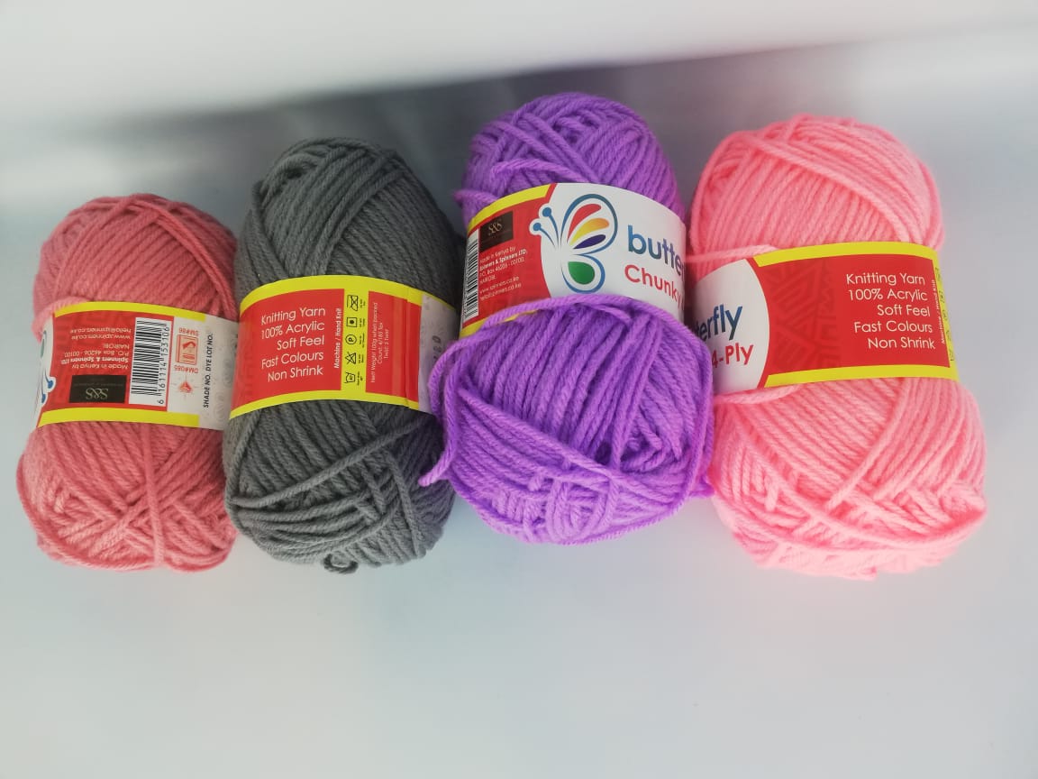 4 Chunky Butterfly 4 ply Acrylic 100% Yarn for Knitting, Crocheting, Mat Making  (1Ball -100Gms Each) (Purple, Grey, Dusty Rose & Light Pink)