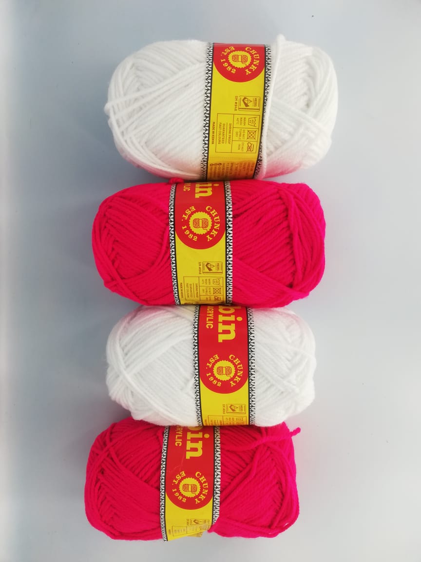 4 Chunky Butterfly 4 ply Acrylic 100% Yarn with 1 Crocket Hook for Knitting, Crocheting, Mat Making (1Ball -100Gms Each) (Hot Pink and White )