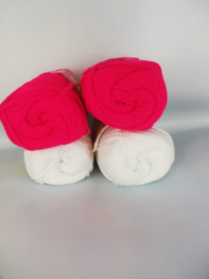 4 Chunky Butterfly 4 ply Acrylic 100% Yarn with 1 Crocket Hook for Knitting, Crocheting, Mat Making (1Ball -100Gms Each) (Hot Pink and White )
