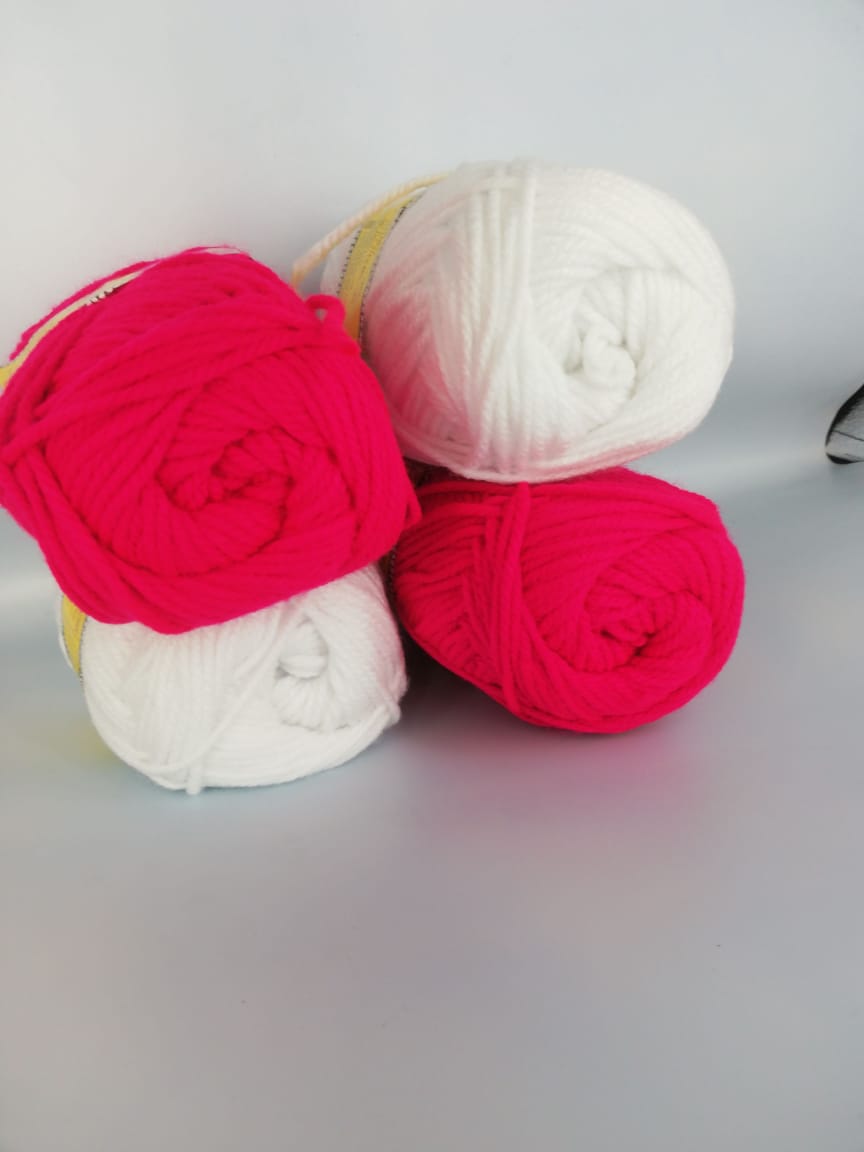 4 Chunky Butterfly 4 ply Acrylic 100% Yarn with 1 Crocket Hook for Knitting, Crocheting, Mat Making (1Ball -100Gms Each) (Hot Pink and White )