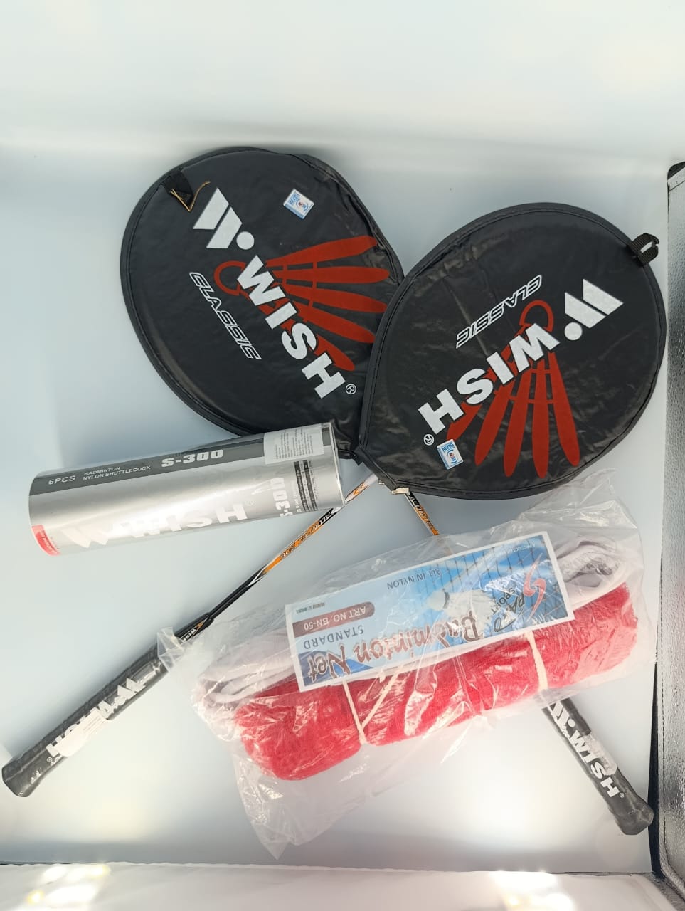 WISH Badminton Combo Set, 2 Rackets 1/2 Cover, 6 Shuttlecocks, Badminton Net Set of Two