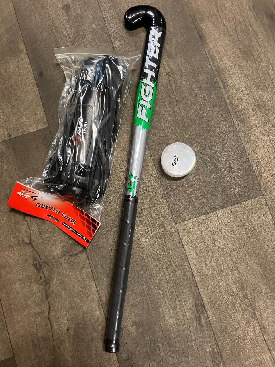 Field Hockey Fighter Hockey Stick 36 Inches, Hockey Ball,  with Medium Size Sparo Shin Guard with Anklet and Single Sided Mouth Guard. Beginner level  for Teens Height (1.6m-1.7m) age 11-14 years