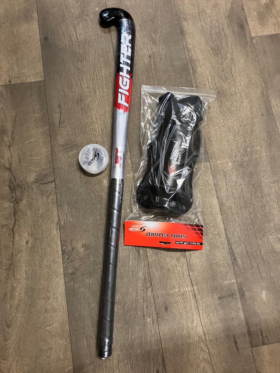 Field Hockey Fighter Hockey Stick 36 Inches, Hockey Ball,  with Medium Size Sparo Shin Guard with Anklet and Single Sided Mouth Guard. Beginner level  for Teens Height (1.6m-1.7m) age 11-14 years