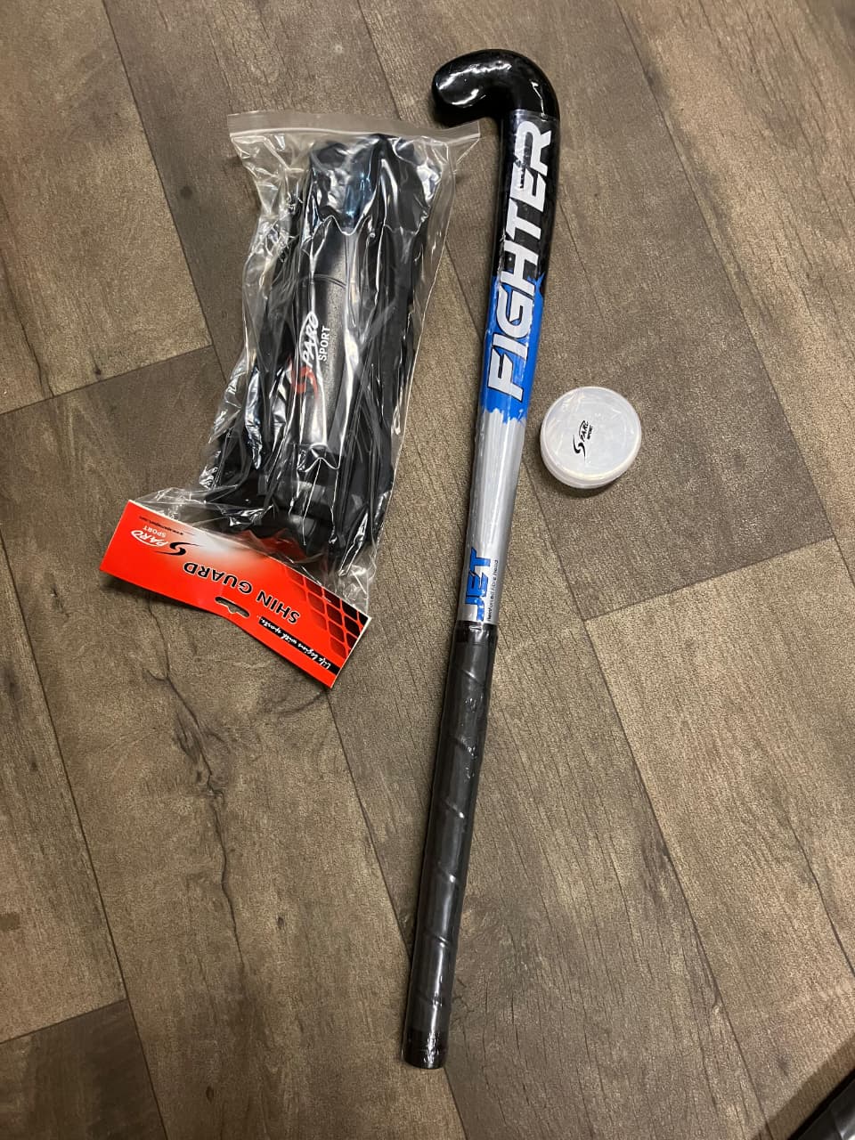 Field Hockey Fighter Hockey Stick 36 Inches, Hockey Ball,  with Medium Size Sparo Shin Guard with Anklet and Single Sided Mouth Guard. Beginner level  for Teens Height (1.6m-1.7m) age 11-14 years