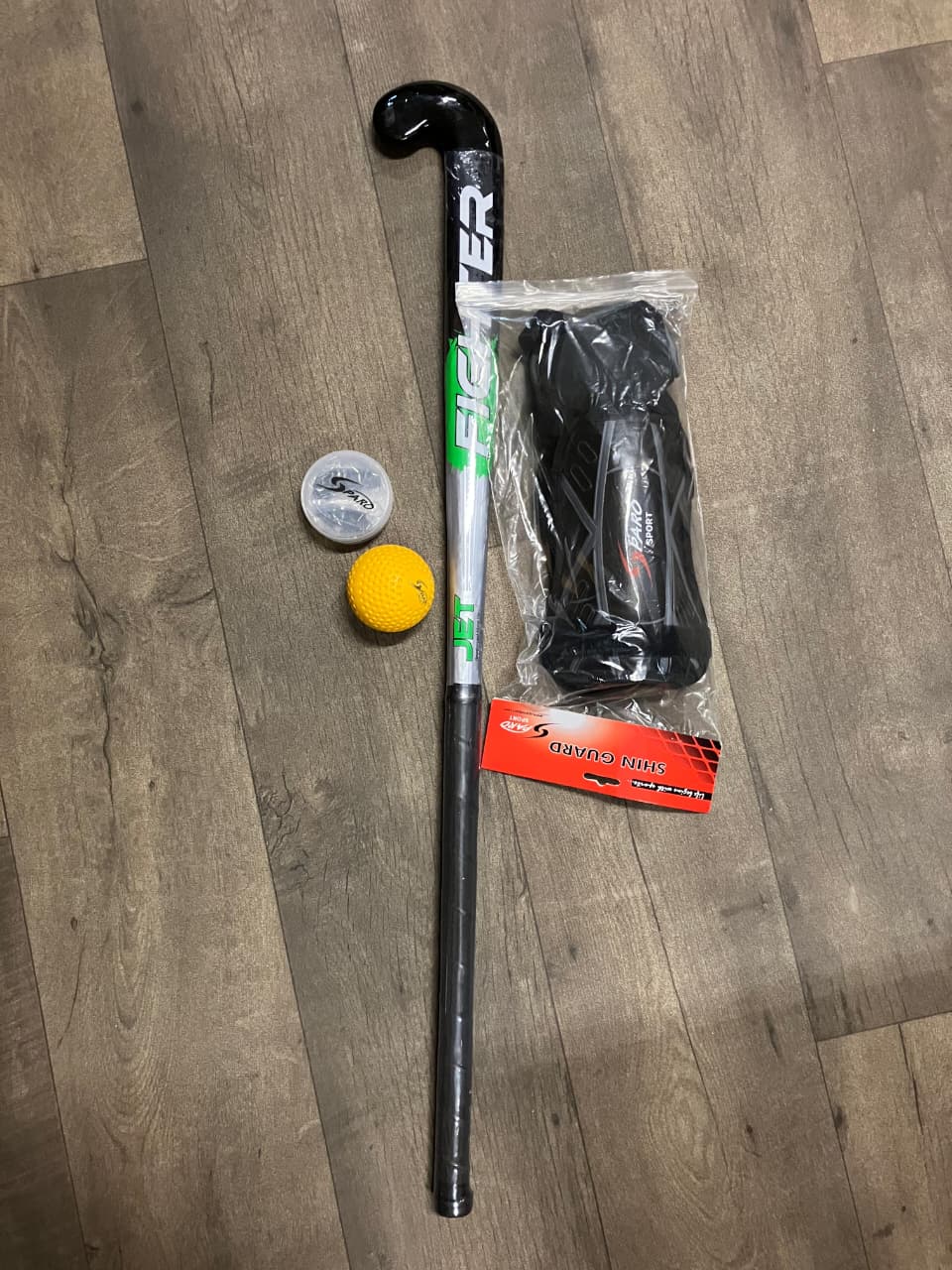Field Hockey Fighter Hockey Stick 36 Inches, Hockey Ball,  with Medium Size Sparo Shin Guard with Anklet and Single Sided Mouth Guard. Beginner level  for Teens Height (1.6m-1.7m) age 11-14 years