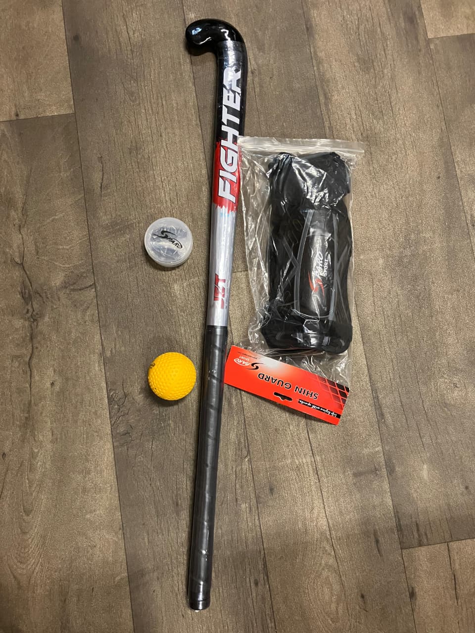Field Hockey Fighter Hockey Stick 36 Inches, Hockey Ball,  with Medium Size Sparo Shin Guard with Anklet and Single Sided Mouth Guard. Beginner level  for Teens Height (1.6m-1.7m) age 11-14 years