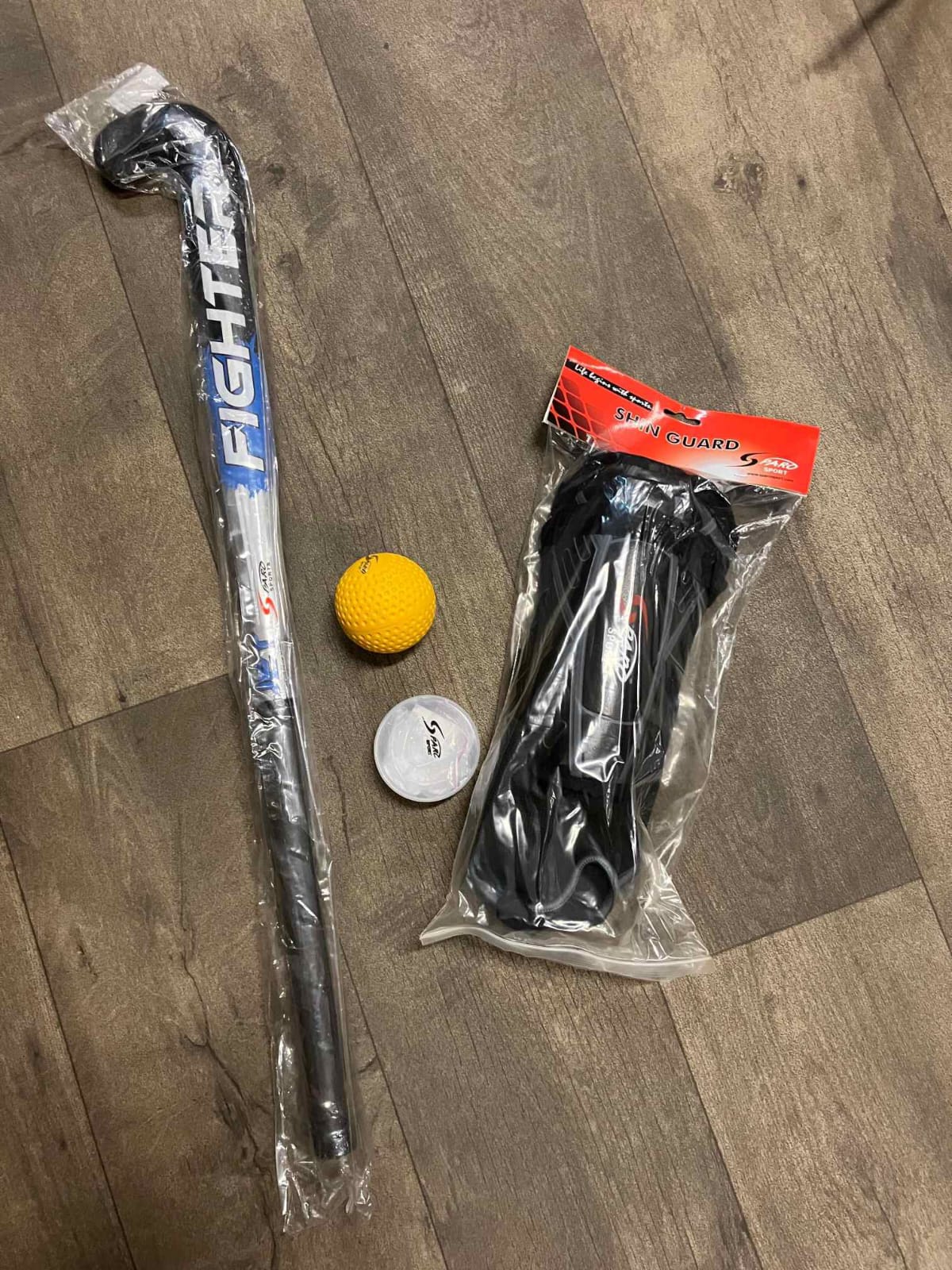 Field Hockey Fighter Hockey Stick 36 Inches, Hockey Ball,  with Medium Size Sparo Shin Guard with Anklet and Single Sided Mouth Guard. Beginner level  for Teens Height (1.6m-1.7m) age 11-14 years