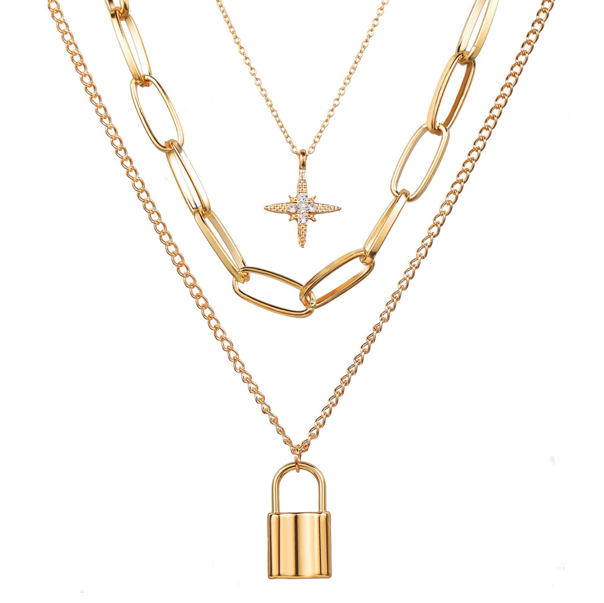 3pcs/set Women's Pendant Necklace Luxury Retro Women Necklace Sets Fashion Octet Star Lock Pendant