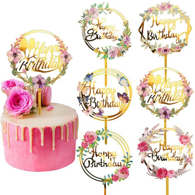 1PCS/ Happy Birthday Cake Toppers Colorful Gold Print Cake Toppers And Acrylic Flowers