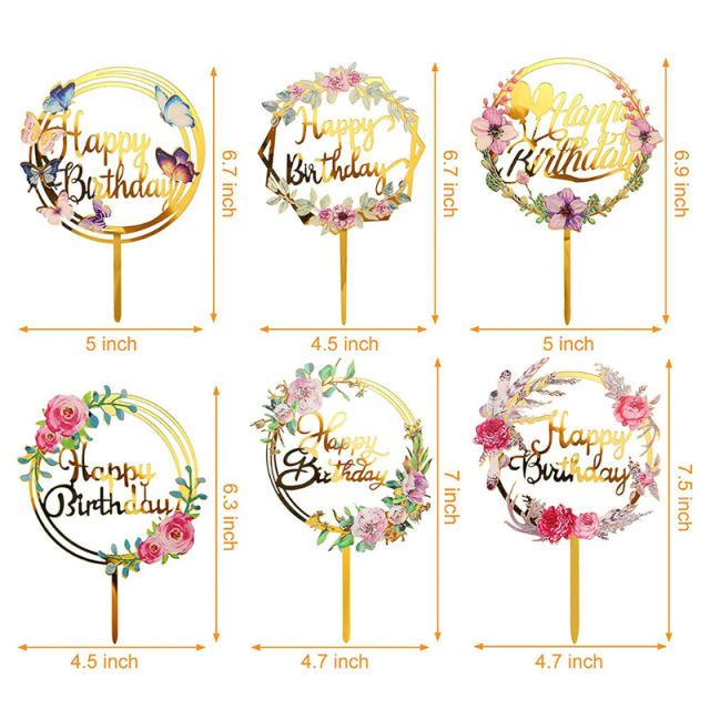 1PCS/ Happy Birthday Cake Toppers Colorful Gold Print Cake Toppers And Acrylic Flowers