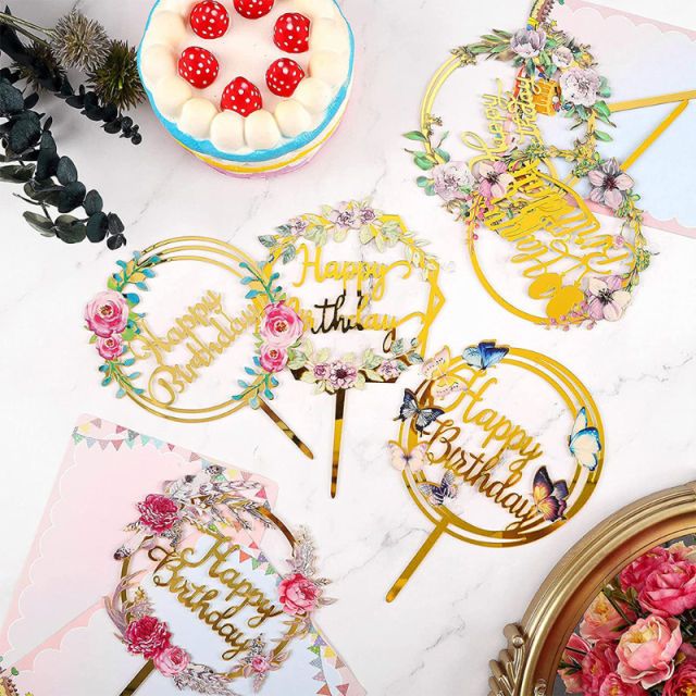 1PCS/ Happy Birthday Cake Toppers Colorful Gold Print Cake Toppers And Acrylic Flowers