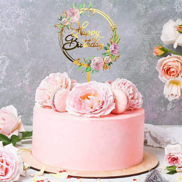 1PCS/ Happy Birthday Cake Toppers Colorful Gold Print Cake Toppers And Acrylic Flowers