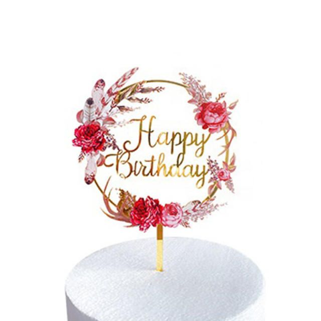 1PCS/ Happy Birthday Cake Toppers Colorful Gold Print Cake Toppers And Acrylic Flowers