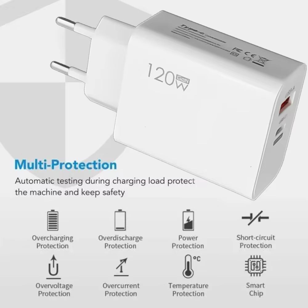 2 Ports USB A PD 120W Charger EU/US/UK Fast Charging Phone Type-C Charger QC 3.0 Adapter Head for iPhone Samsung Xiaomi Redmi