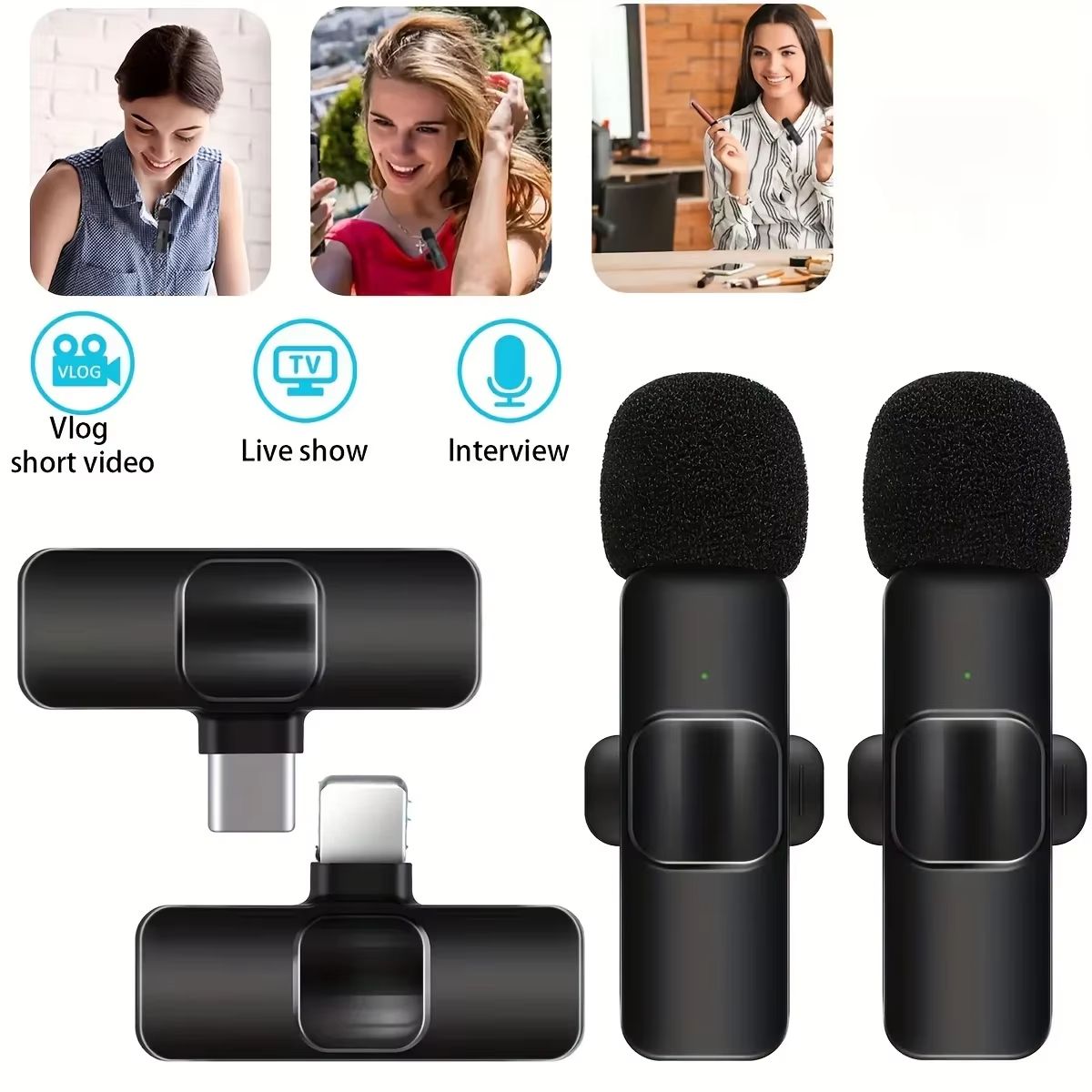 2 Wireless Lavalier Microphone For Video Recording Interview Podcast Vlog Low Delay Built-in Noise Reduction