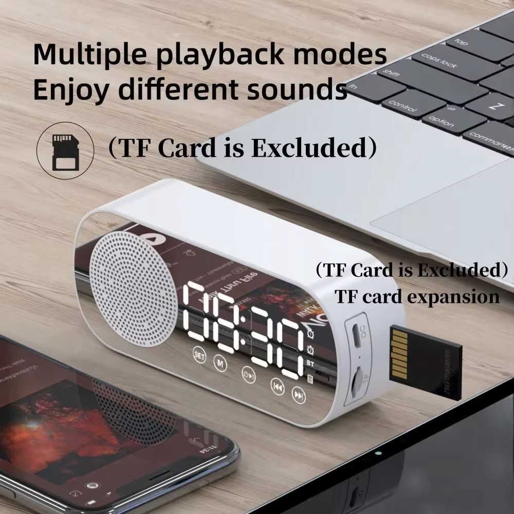 USB Plug-in Mirror Digital Alarm Clock Timer Support TF FM Radio 2 Alarms Wireless Speaker Subwoofer Desktop Music Player