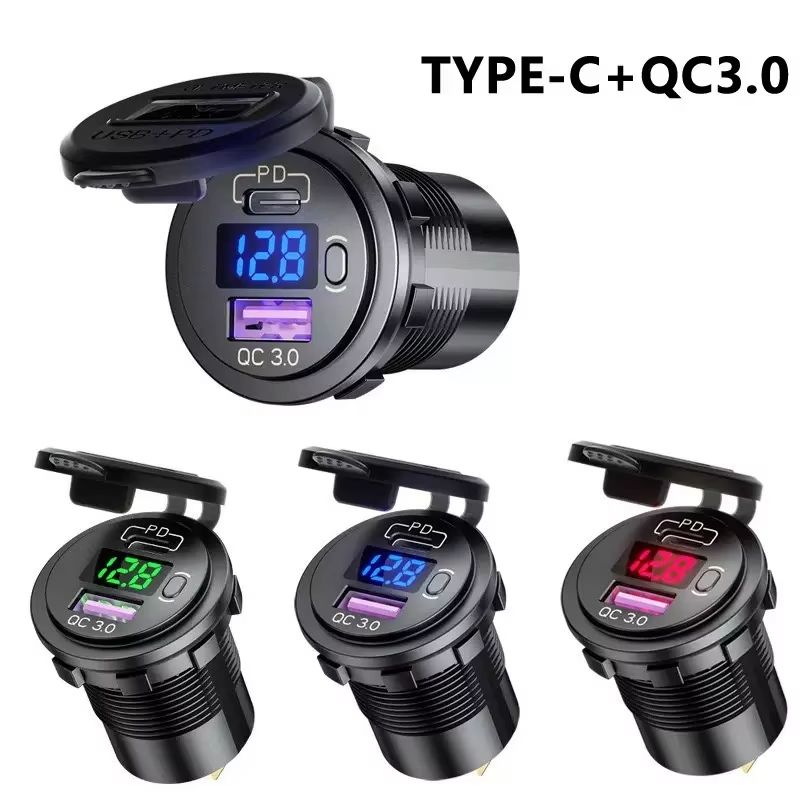 USB C Car Charger Socket 12V/24V Dual USB Socket PD3.0 and QC3.0 Car USB Port With LED Voltmeter and On/Off Switch