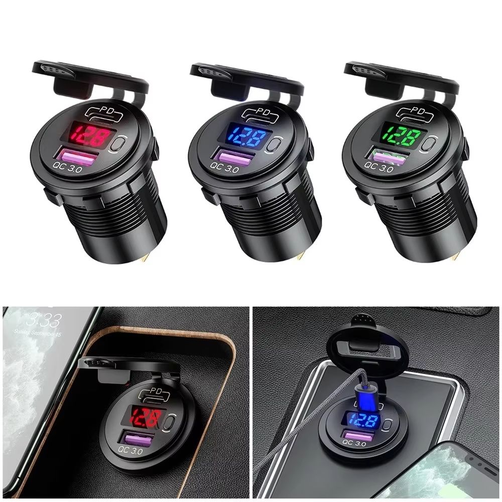 USB C Car Charger Socket 12V/24V Dual USB Socket PD3.0 and QC3.0 Car USB Port With LED Voltmeter and On/Off Switch