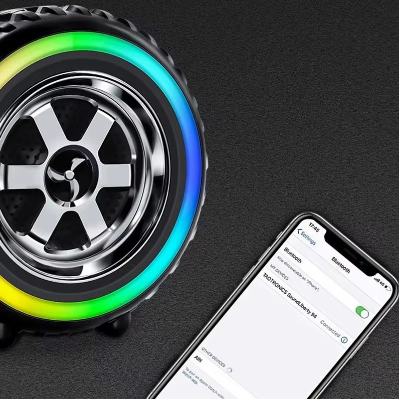 Creative Car Wheel Shape Wireless Speaker with Led Light Portable Outdoor Bluetooth Music Speaker Car Decor for Funny Gifts