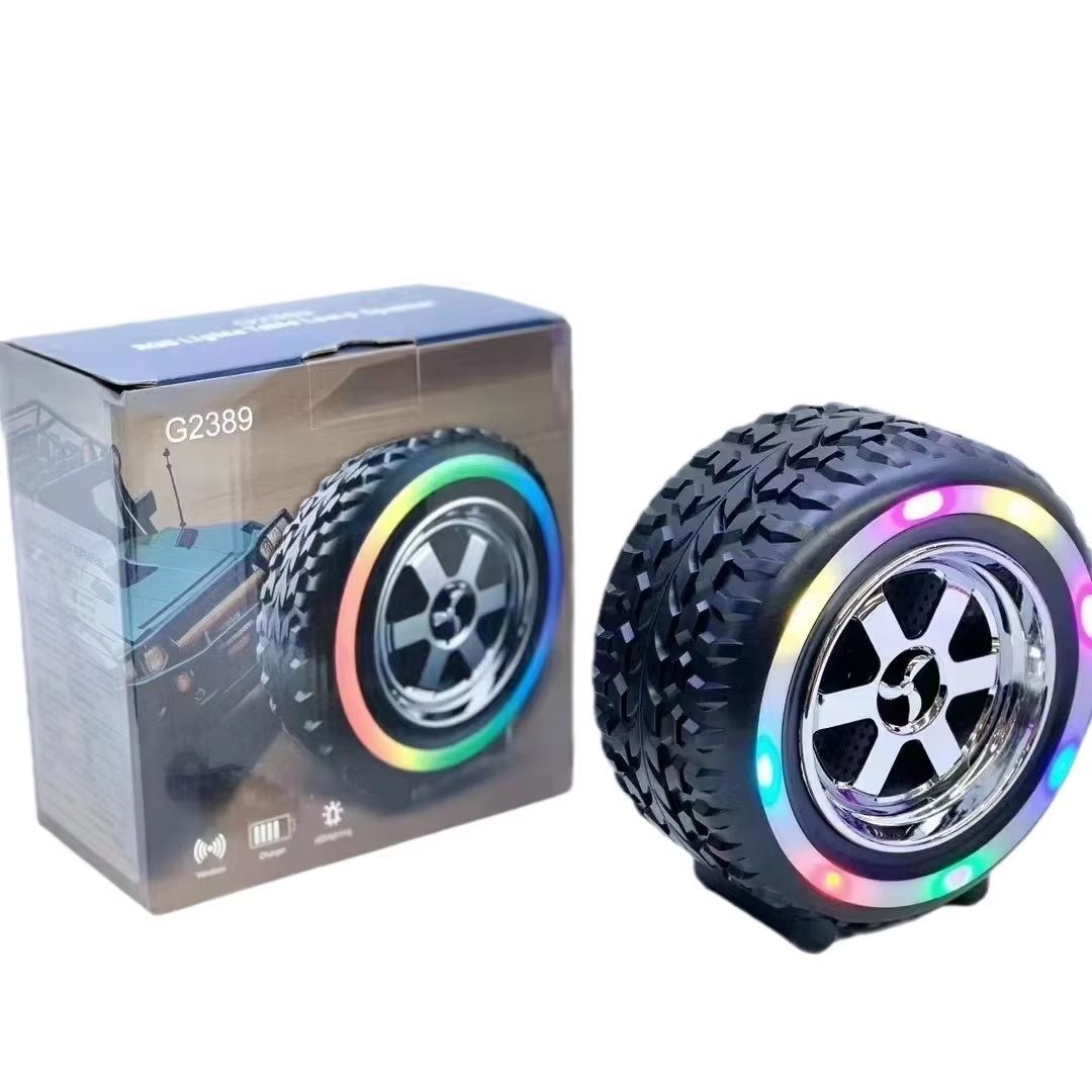 Creative Car Wheel Shape Wireless Speaker with Led Light Portable Outdoor Bluetooth Music Speaker Car Decor for Funny Gifts