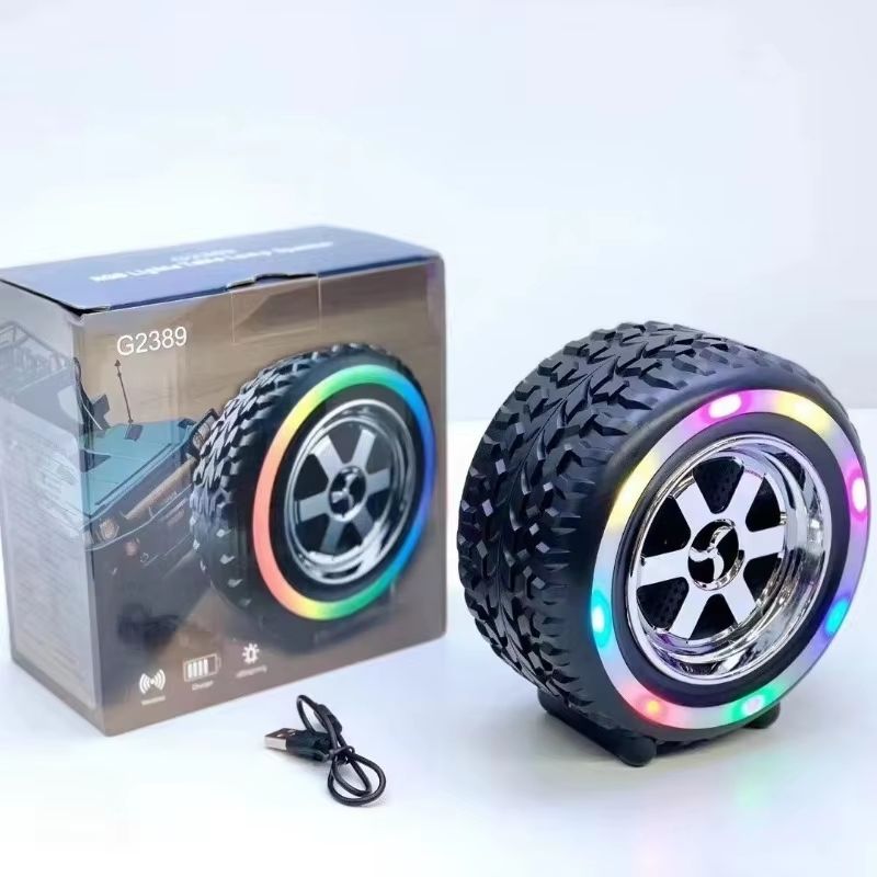 Creative Car Wheel Shape Wireless Speaker with Led Light Portable Outdoor Bluetooth Music Speaker Car Decor for Funny Gifts