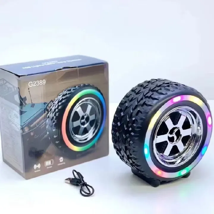 Creative Car Wheel Shape Wireless Speaker with Led Light Portable Outdoor Bluetooth Music Speaker Car Decor for Funny Gifts